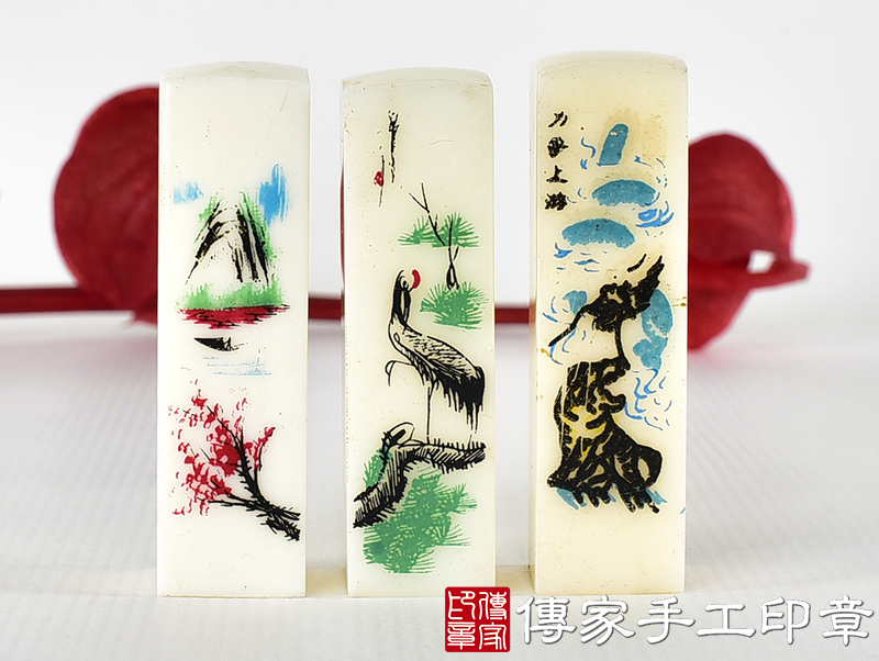 壓克力印章-仿象牙系列，彩色山水鶴 (5分方章-1.5公分，高度6公分)