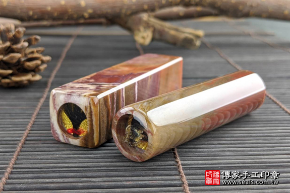 全手工噴砂印章：木化石臍髮雙章實際成品、印章作品分享、木化石印章材質介紹。（臍帶印章、肚臍章、肚臍印章，一圓一方）傳家手工印章高雄店。2020.06.13，照片6