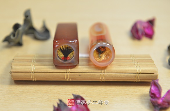 半手工噴砂印章：紅瑪瑙臍帶章實際成品、印章作品分享、紅瑪瑙印章材質介紹。（臍帶印章、肚臍章、肚臍印章，胎毛印章，一圓一方）傳家手工印章新竹店2020.11.01