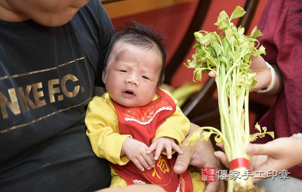 為寶寶準備芹菜。  芹菜一小把。「代表的含意：勤勞、積極、努力向上」。  讓寶寶做事積極，長大要幫爸爸媽媽分擔家事，分擔家計喔～～