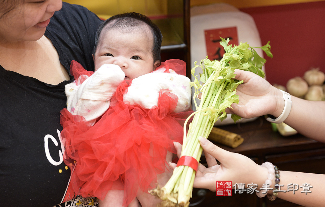 為寶寶準備的芹菜一把。    芹菜一小把。「代表的含意：勤勞、積極、努力向上」。  讓寶寶做事積極，長大要幫爸爸媽媽分擔家事，分擔家計喔～～ 