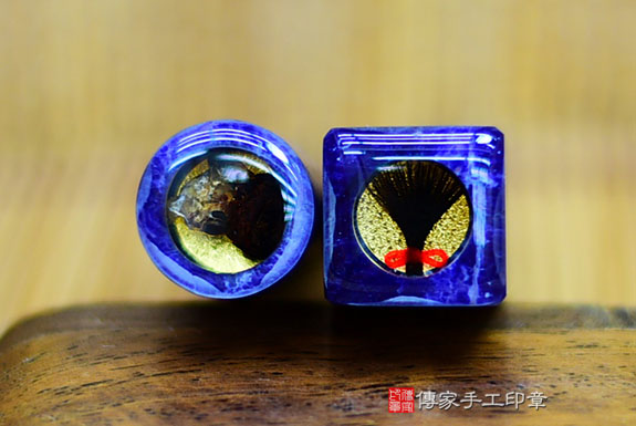 全手工噴砂印章：藍紋石臍帶章實際成品、印章作品分享、藍紋石印章材質介紹。（臍帶印章、肚臍章、肚臍印章，胎毛印章，一圓一方）傳家手工印章桃園店。2021.07.06