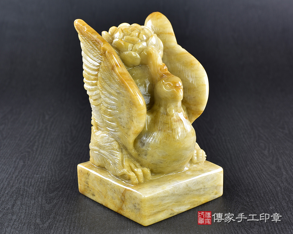 傳家手工印章實際成品：頂級新疆黃玉精雕鳳凰廟章：廟章、神明印章、大印章