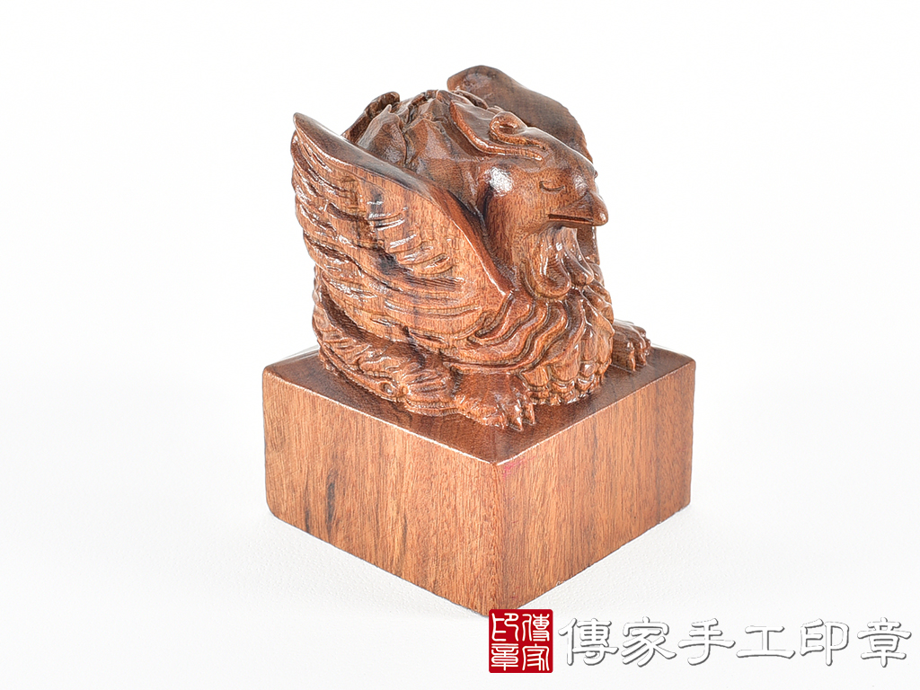 頂級紅紫檀木精雕鳳凰廟章:廟章、神明印章、大印章 (尺寸5.2x5.2x7.5公分)