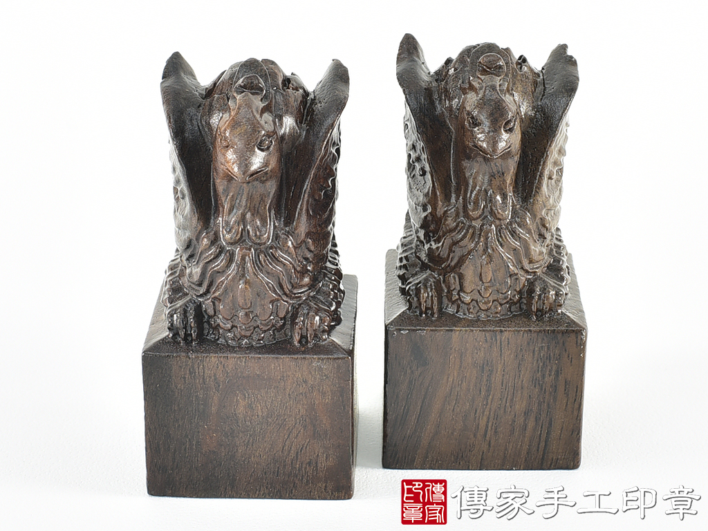 頂級黑檀木精雕鳳凰廟章:廟章、神明印章、大印章 (尺寸3.6X3.6X7.5公分)
