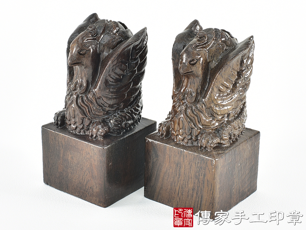 頂級黑檀木精雕鳳凰廟章:廟章、神明印章、大印章 (尺寸3.6X3.6X7.5公分)