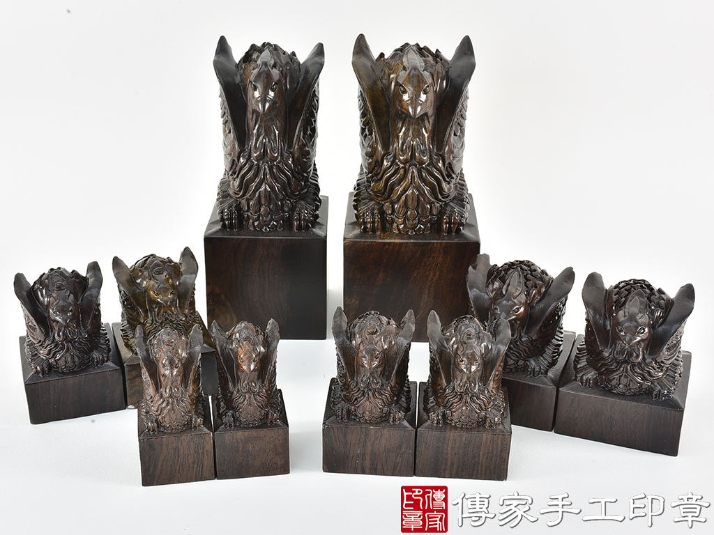 頂級黑檀木精雕鳳凰廟章:廟章、神明印章、大印章 (尺寸5.3x5.3x7.4公分)