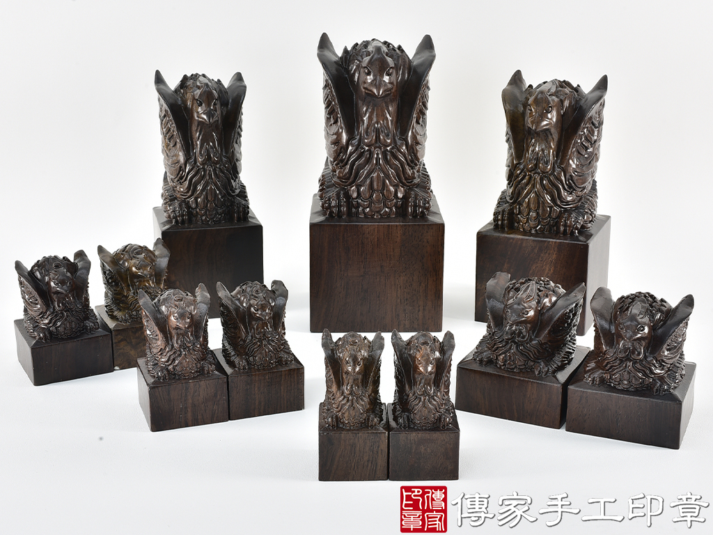 頂級黑檀木精雕鳳凰廟章:廟章、神明印章、大印章 (尺寸5.3x5.3x7.4公分)